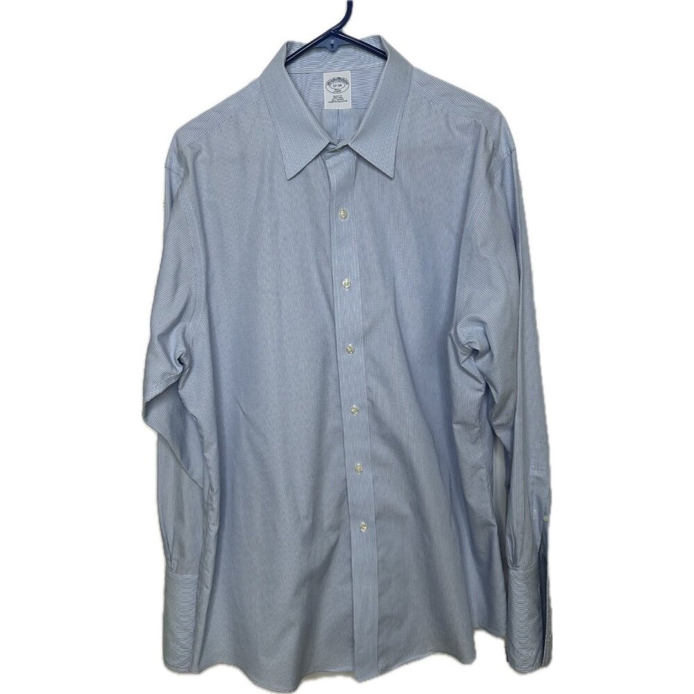 Brooks Brothers Men’s Button Up Shirt Striped Blue Slim Fit 17-34 French Cuffs